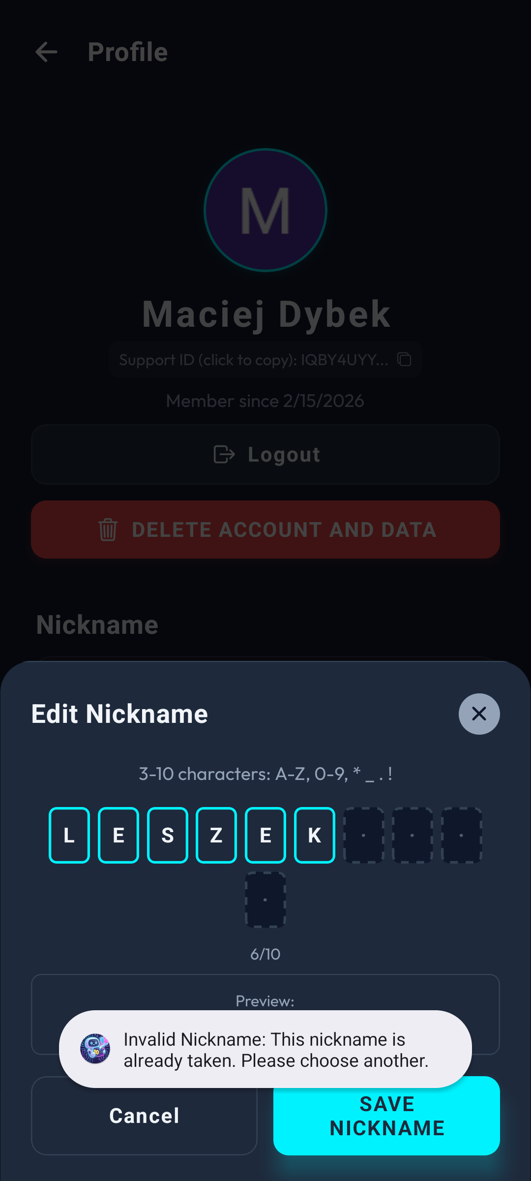 Nickname Validation Error